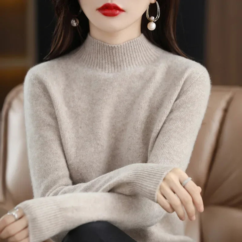 Women’s Autumn Winter Knit Sweater – Korean Fashion Slim Fit Half High Collar Long Sleeve Pullover