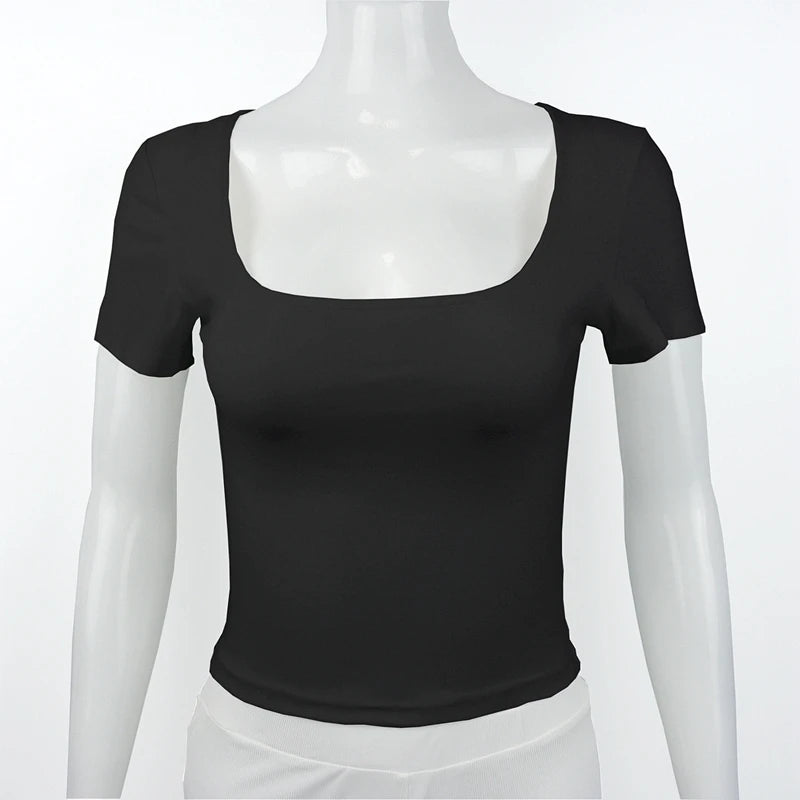 Women’s Summer Slim Fit Square Neck Short Sleeve T-Shirt – Solid Color Y2K Streetwear Sexy Stretch Knit Top