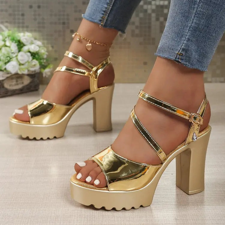 Women’s Gold & Silver Platform Chunky Heel Sandals – Mirror PU Ankle Strap Gladiator Formal Party Shoes