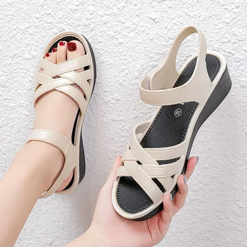 Women’s Non-Slip Wedge Mother Sandals – 4cm Soft Soled Hook & Loop Cross-Strap Casual Summer Comfort Shoes
