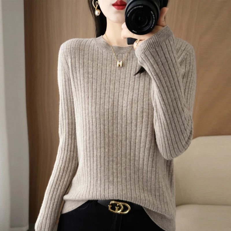 Women’s Autumn Winter O-Neck Striped Knit Sweater – Loose Fit Long Sleeve Pullover Casual Korean Style Jumper