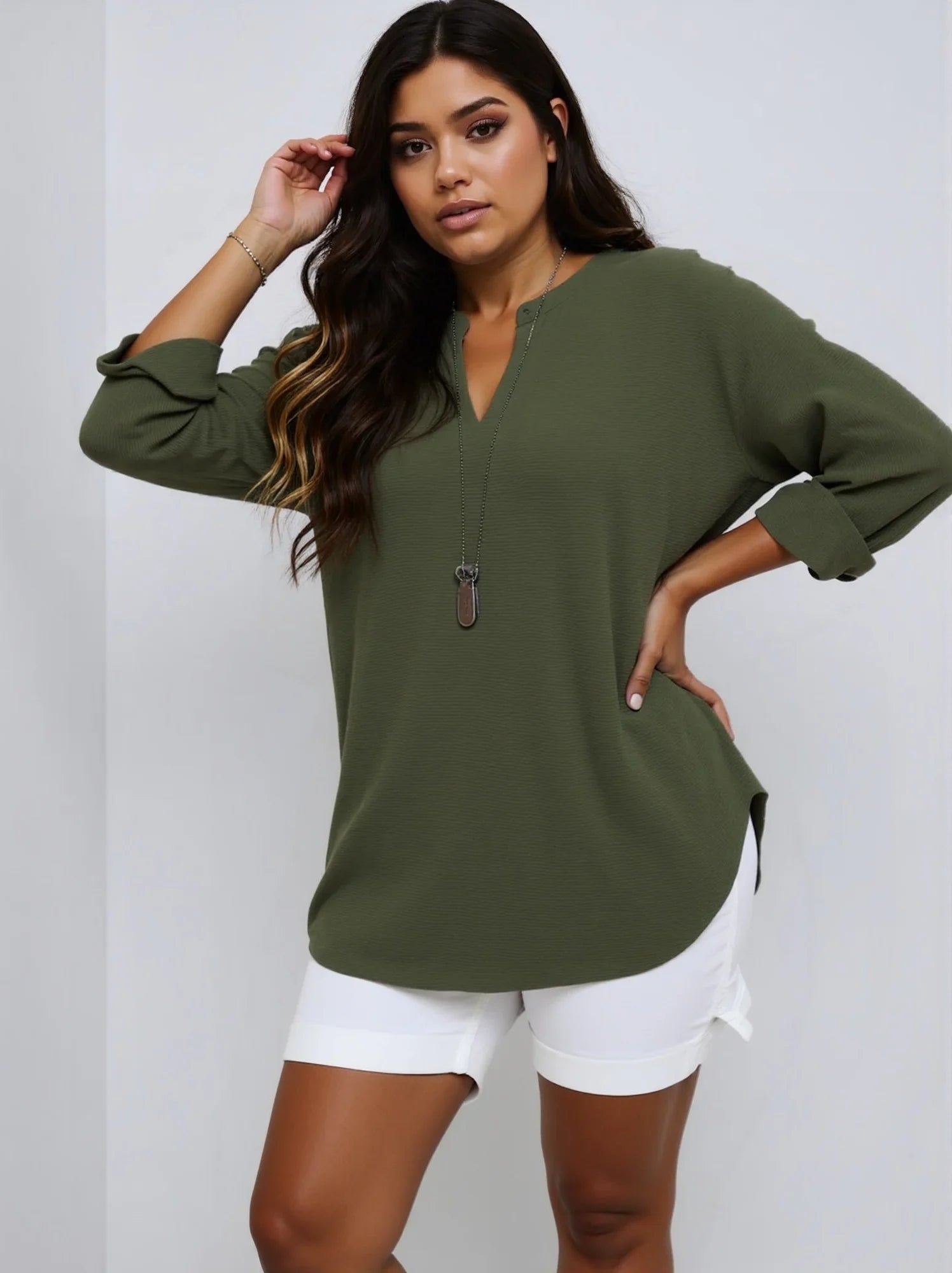 Women’s Plus Size Casual Loose Long Sleeve V-Neck Stand Collar Top – Polyester Blend Spring/Summer Shirt