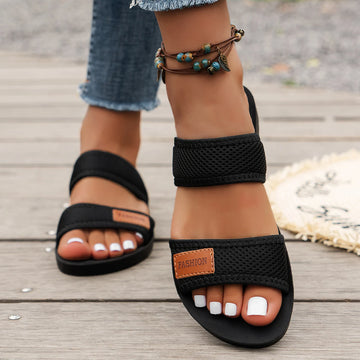 Women’s Breathable Mesh Slip-On Sandals – Lightweight Flat Low Heel Comfort Sandals with Appliques