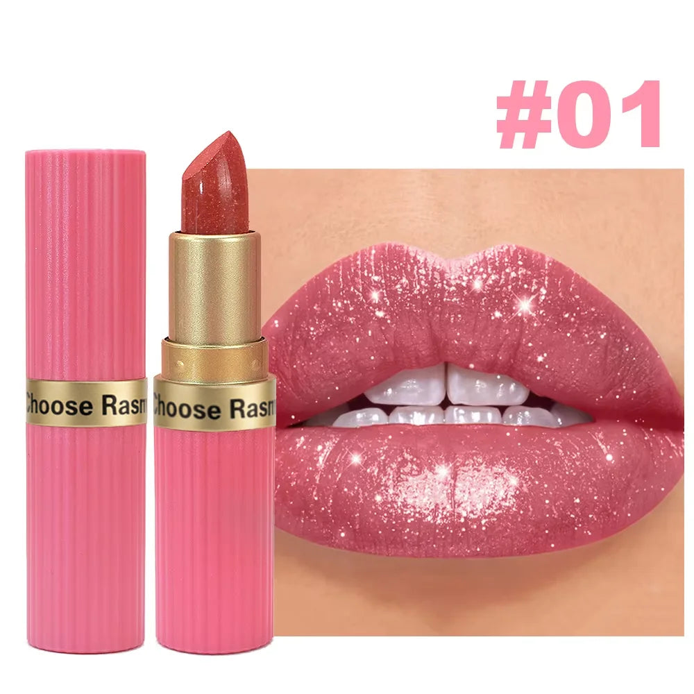 Pearlescent Pink Glitter Velvet Lipstick – Waterproof Long Lasting Matte Metallic Shimmer Diamond Lipstick for Women