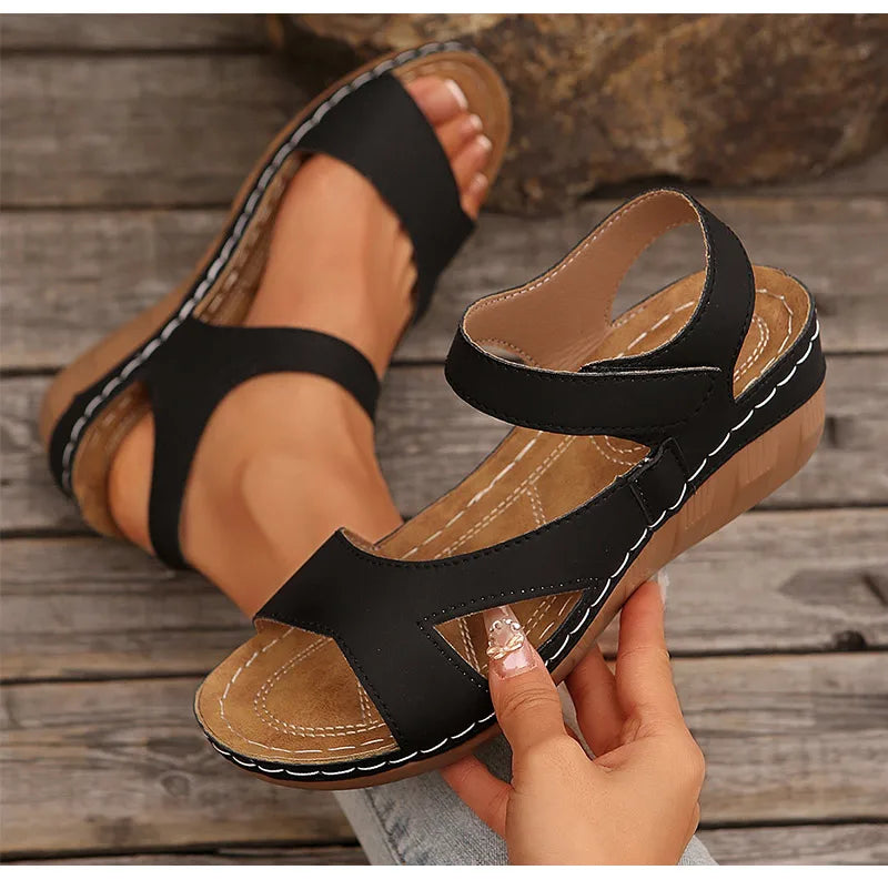 Women’s Wedge Sandals – Casual Summer Heeled PU Comfort Sandalias De Mujer Hook & Loop Strap Fashion Shoes