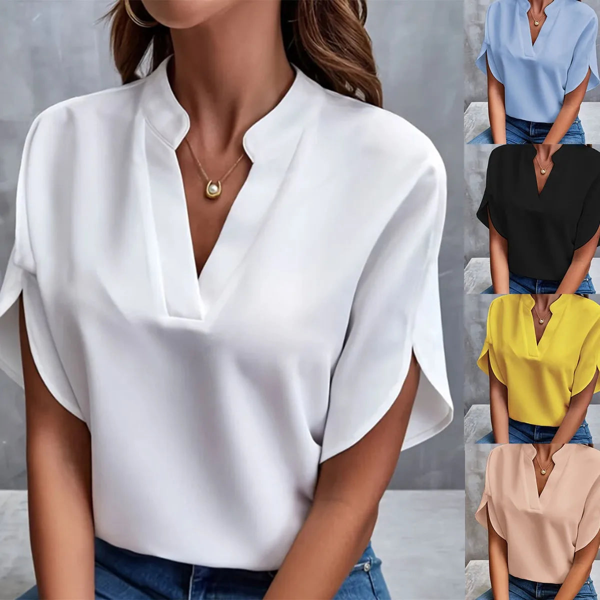 Women’s Summer Solid Color Casual Pullover Shirt – Short Sleeve Loose Fit V-Neck Lightweight Chiffon Blouse Top