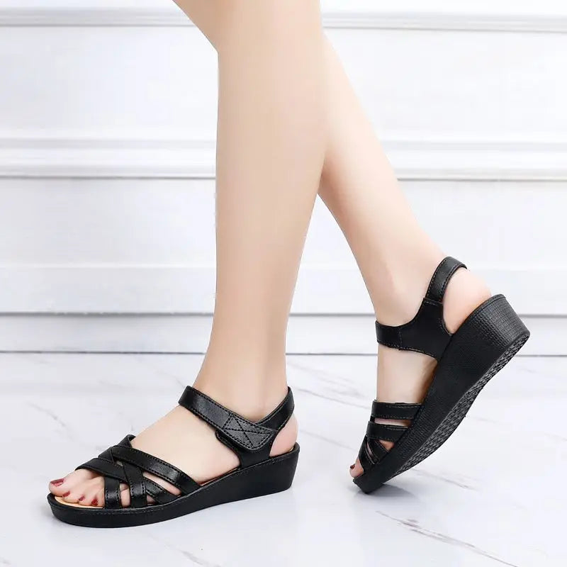 Women’s Non-Slip Wedge Mother Sandals – 4cm Soft Soled Hook & Loop Cross-Strap Casual Summer Comfort Shoes