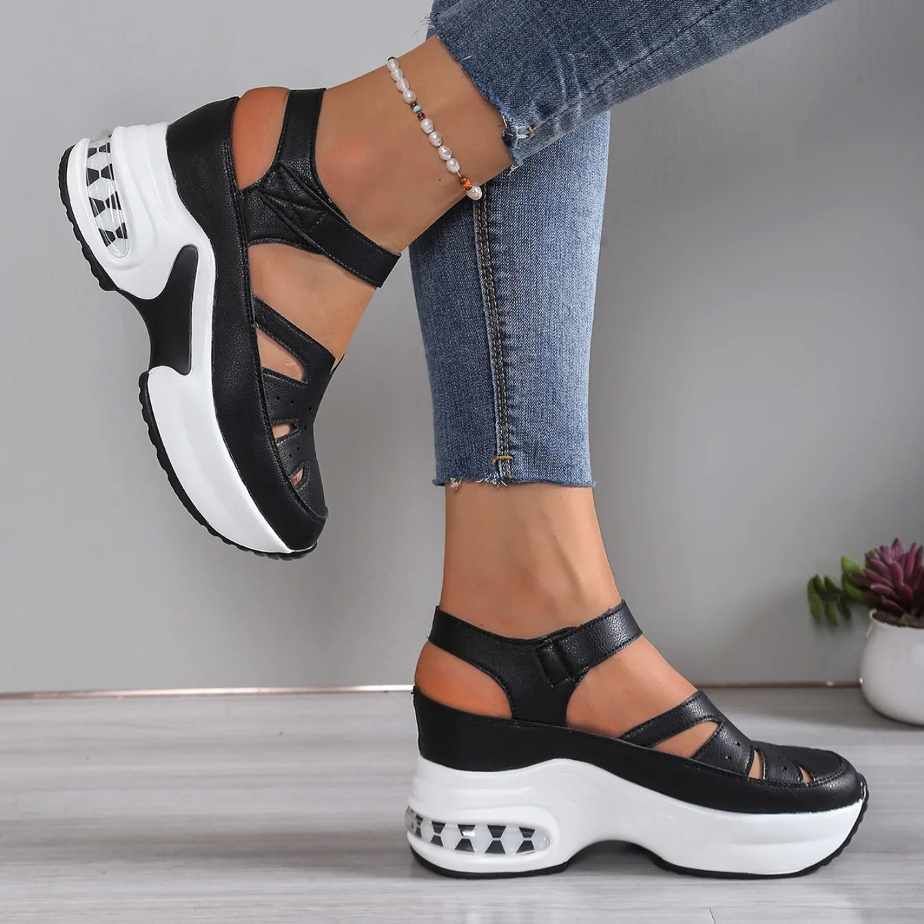 Women Closed Toe Summer Sandals – Plus Size Casual Slip-On Hollow Out PU Platform Comfort Shoes