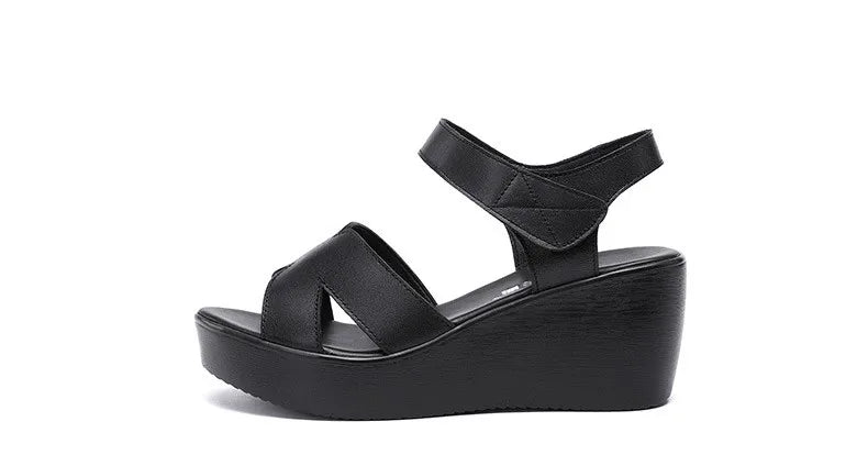 Women’s Plus Size Soft Leather Wedge Sandals (33–43) – Mid Heel Platform Ankle Strap Summer Shoes for Office, Casual & Beach Wear