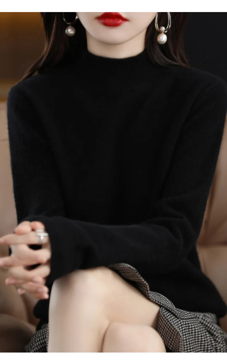 Women’s Autumn Winter Knit Sweater – Korean Fashion Slim Fit Half High Collar Long Sleeve Pullover