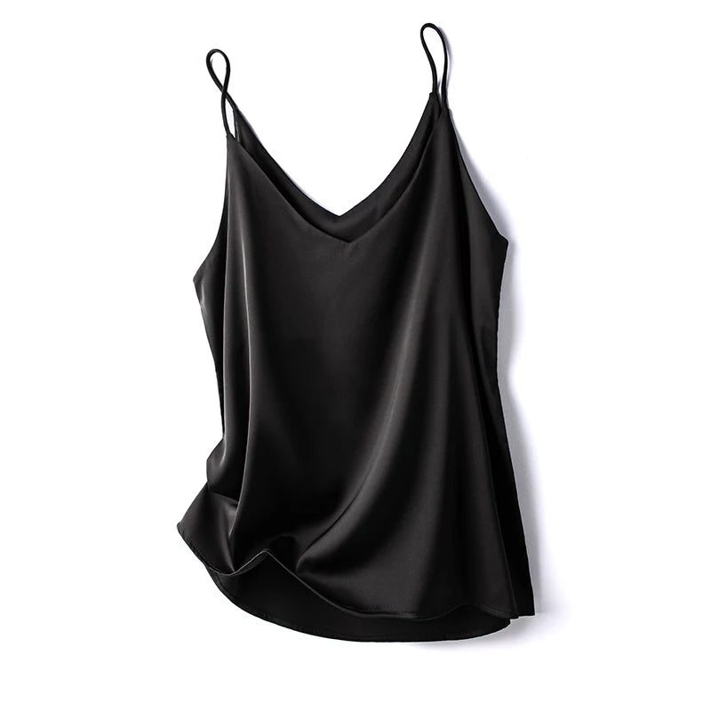 Women Summer Sleeveless V-Neck Chiffon Camisole Crop Tank Top – Slim Fit Solid Office Lady Vest (Black/White/Grey)