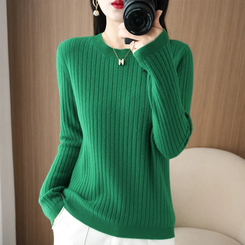 Women’s Autumn Winter O-Neck Striped Knit Sweater – Loose Fit Long Sleeve Pullover Casual Korean Style Jumper