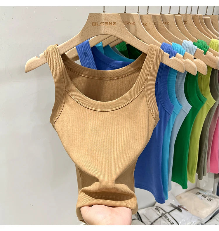 Women Solid Ribbed Tank Top Camisole – Elastic Cotton O-Neck Summer Basic Crop Top 2026