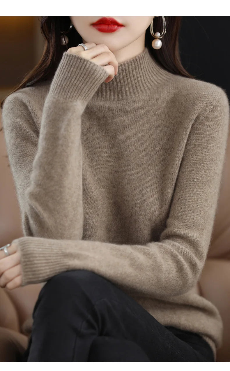 Women’s Autumn Winter Knit Sweater – Korean Fashion Slim Fit Half High Collar Long Sleeve Pullover