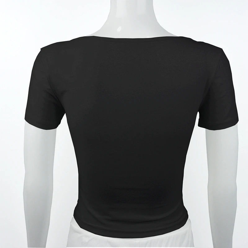 Women’s Summer Slim Fit Square Neck Short Sleeve T-Shirt – Solid Color Y2K Streetwear Sexy Stretch Knit Top
