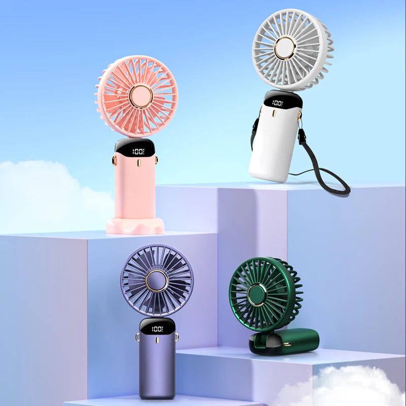 USB Rechargeable Foldable Neck Fan – Portable Handheld Mini Fan with 5-Speed Cooling, Digital Display & Phone Stand, Travel-Friendly Hands-Free Design
