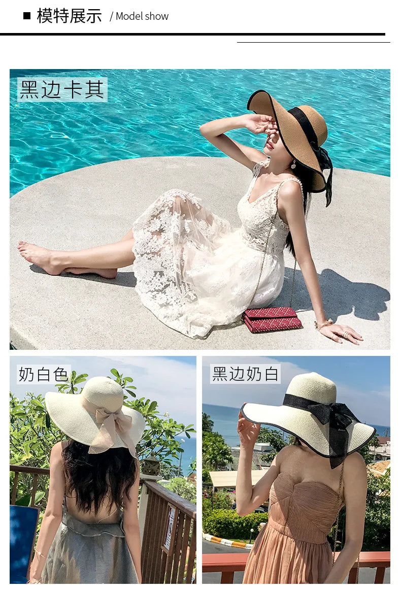 Woman in a white dress with a large sun hat by a pool, with additional images of her wearing different hats.
