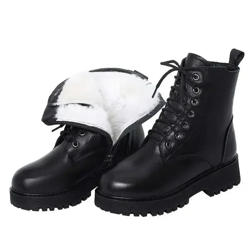 Women’s Winter Snow Boots – Warm Wool-Lined PU Leather Ankle Boots, Waterproof Thick Sole Lace-Up