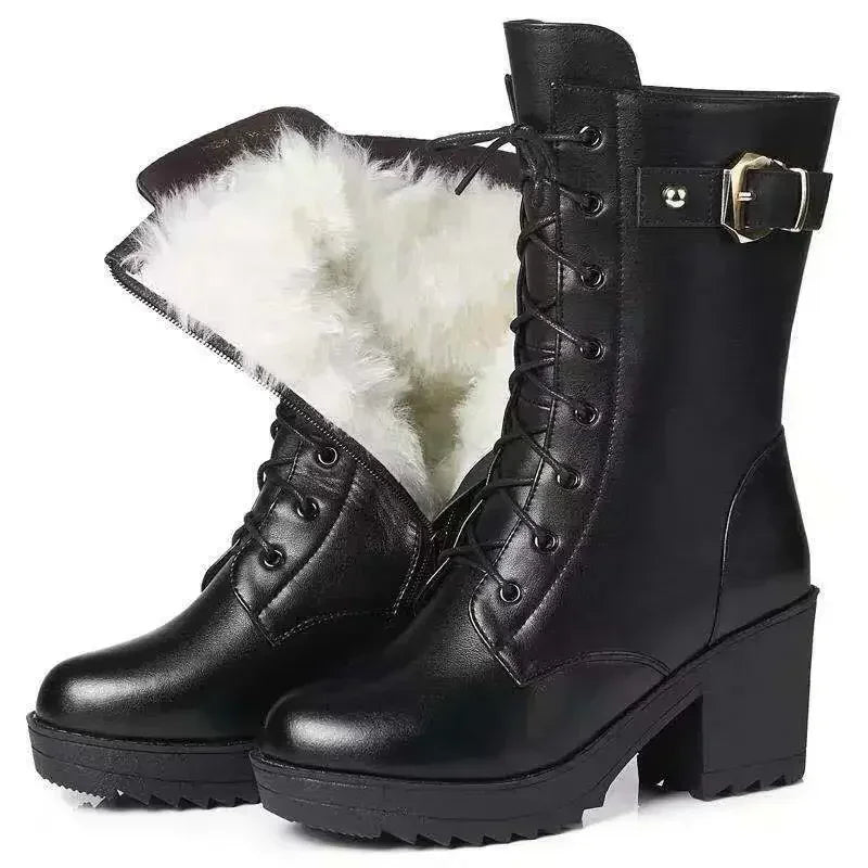Women’s Winter Snow Boots – Warm Wool-Lined PU Leather Ankle Boots, Waterproof Thick Sole Lace-Up